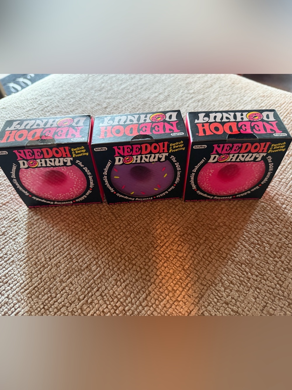 Needoh Donuts - two Pink sprinkled dohnuts and one purple dohnut. Sell as set